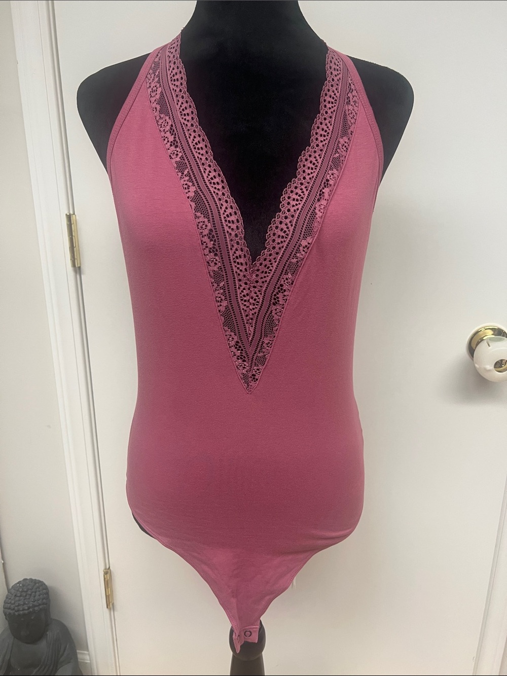 Express Rose Pink Lace-Trim Deep V Bodysuit